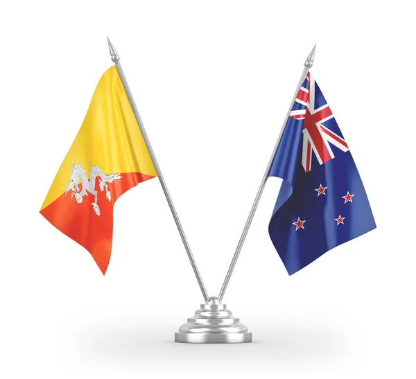 New Zealand and Bhutan table flags isolated on white 3D rendering — Stock Photo, Image