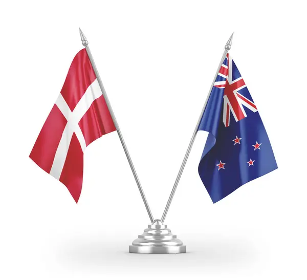 New Zealand and Denmark table flags isolated on white 3D rendering — 图库照片