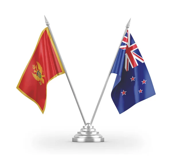 Új-Zéland és Montenegró tábla zászlók elszigetelt fehér 3d renderelés — Stock Fotó