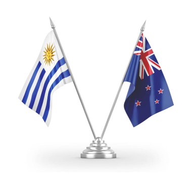 Yeni Zelanda ve Uruguay masa bayrakları beyaz 3d görüntüleme üzerinde izole