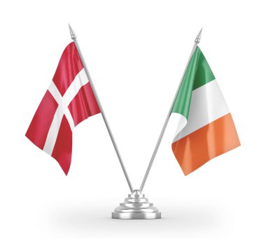 Ireland and Denmark table flags isolated on white 3D rendering