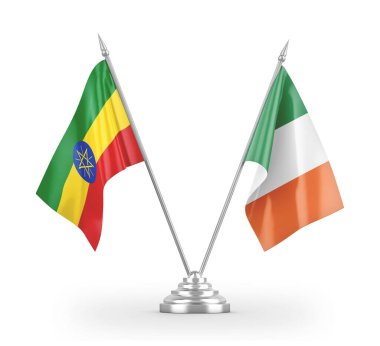 Ireland and Ethiopia table flags isolated on white 3D rendering