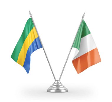 Ireland and Gabon table flags isolated on white 3D rendering