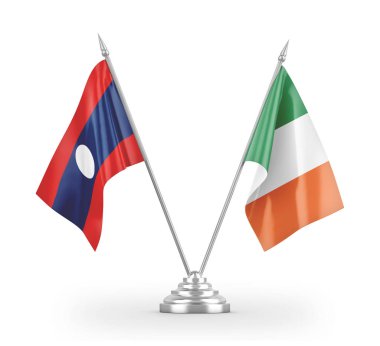 Ireland and Laos table flags isolated on white 3D rendering.