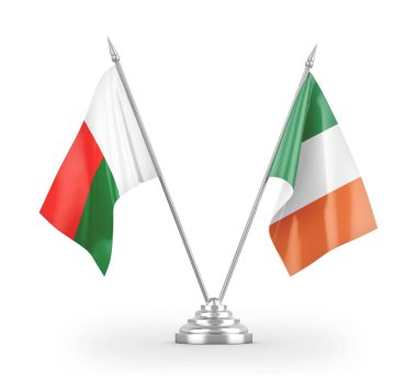 Ireland and Madagascar table flags isolated on white 3D rendering