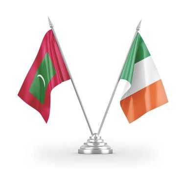 Ireland and Maldives table flags isolated on white 3D rendering