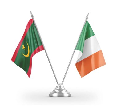 Ireland and Mauritania table flags isolated on white 3D rendering