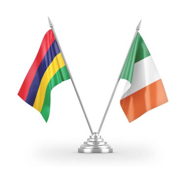 Ireland and Mauritius table flags isolated on white 3D rendering