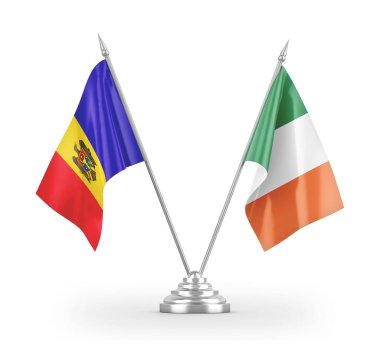 İrlanda ve Moldova masa bayrakları beyaz 3D görüntüleme üzerinde izole edildi