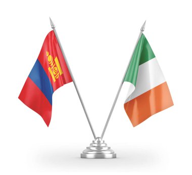 İrlanda ve Moğolistan masa bayrakları beyaz 3D görüntüleme üzerinde izole edildi