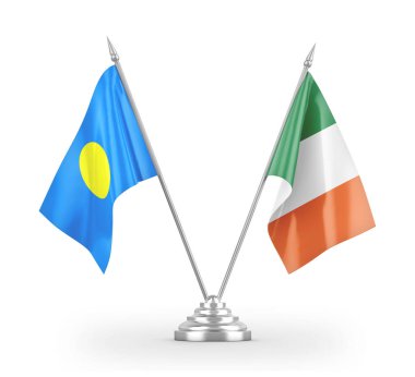 İrlanda ve Palau masa bayrakları beyaz 3D görüntüleme üzerinde izole edildi