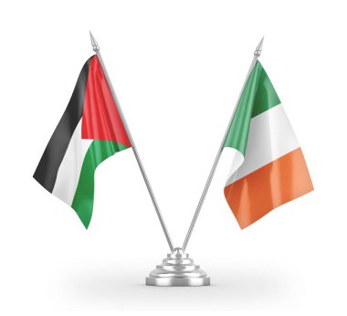 İrlanda ve Filistin masa bayrakları beyaz 3D görüntülerde izole edildi