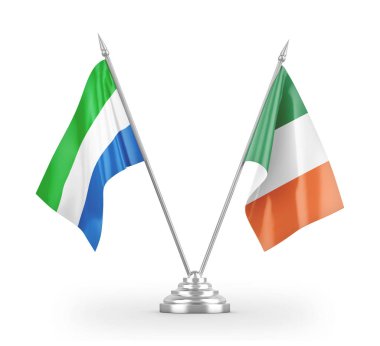 İrlanda ve Sierra Leone masa bayrakları beyaz 3D görüntüleme üzerinde izole edildi