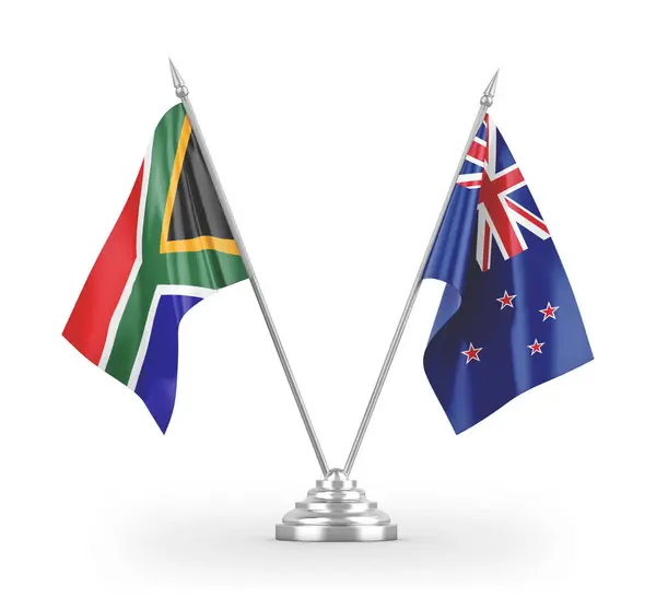 Új-Zéland és Dél-Afrika tábla zászlók elszigetelt fehér 3d renderelés — Stock Fotó