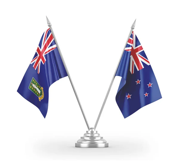 Új-Zéland és Virgin-szigetek Brit asztali zászlók elszigetelt fehér 3d renderelés — Stock Fotó