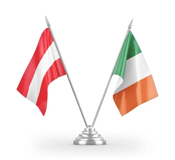 Ireland and Austria table flags isolated on white 3D rendering — Stok fotoğraf