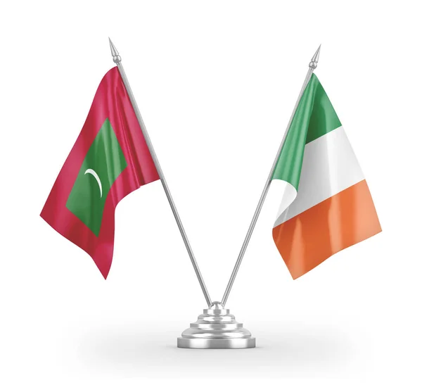 Ireland and Maldives table flags isolated on white 3D rendering — Stok fotoğraf