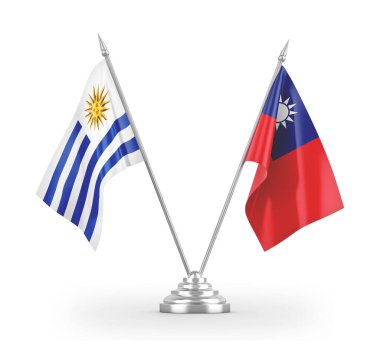 Taiwan and Uruguay table flags isolated on white 3D rendering