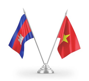 Vietnam and Cambodia table flags isolated on white 3D rendering 