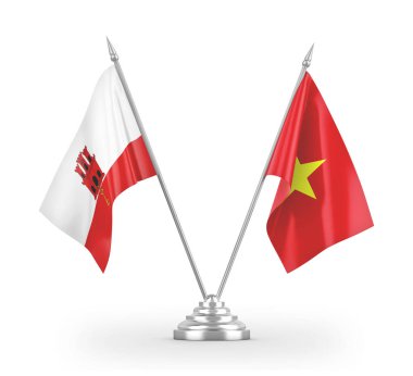 Vietnam and Gibraltar table flags isolated on white 3D rendering