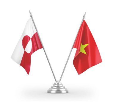 Vietnam and Greenland table flags isolated on white 3D rendering