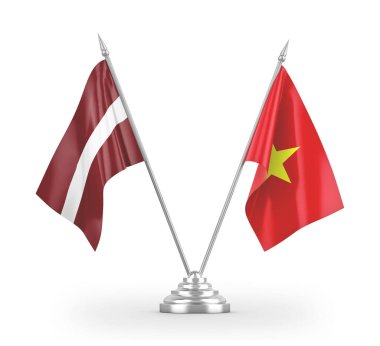 Vietnam and Latvia table flags isolated on white 3D rendering