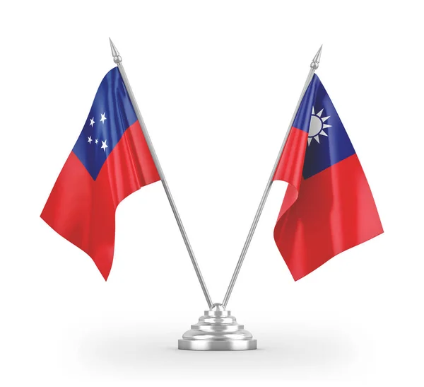 Taiwan och Samoa bordsflaggor isolerade på vit 3d rendering — Stockfoto
