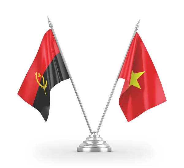 Vietnam and Angola table flags isolated on white 3D rendering — Stok fotoğraf