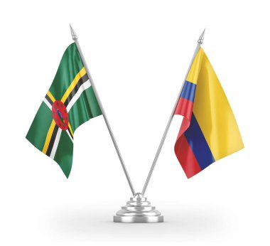 Colombia and Dominica table flags isolated on white 3D rendering