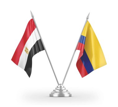 Colombia and Egypt table flags isolated on white 3D rendering