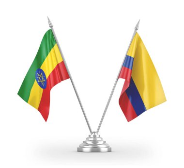 Colombia and Ethiopia table flags isolated on white 3D rendering