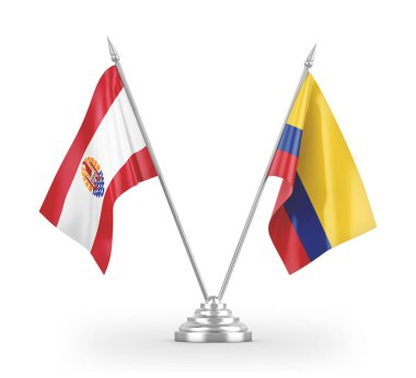 Colombia and French Polynesia table flags isolated on white 3D rendering