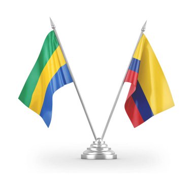 Colombia and Gabon table flags isolated on white 3D rendering