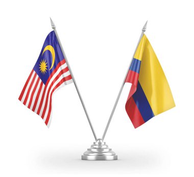 Colombia and Malaysia table flags isolated on white 3D rendering