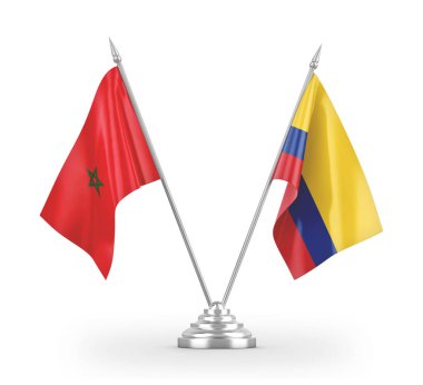 Colombia and Morocco table flags isolated on white 3D rendering