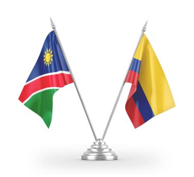 Colombia and Namibia table flags isolated on white 3D rendering