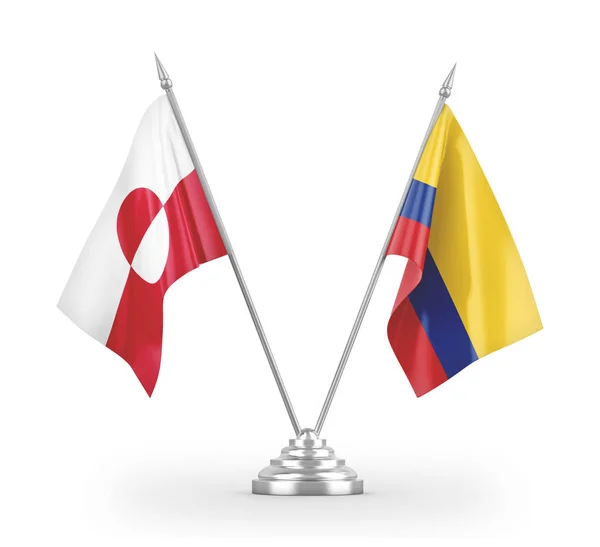Bandeiras de mesa da Colômbia e da Groenlândia isoladas em renderização 3D branca — Fotografia de Stock