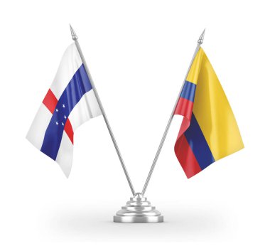 Colombia and Netherlands Antilles table flags isolated on white 3D rendering