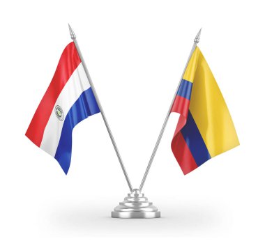 Colombia and Paraguay table flags isolated on white 3D rendering