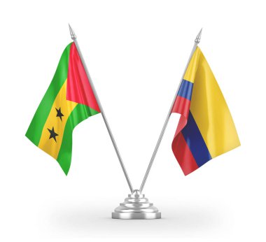 Colombia and Sao Tome and Principe table flags isolated on white 3D rendering