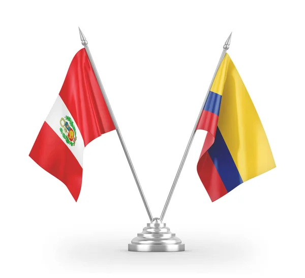 Banderas de mesa Colombia y Perú aisladas en renderizado 3D blanco — Foto de Stock