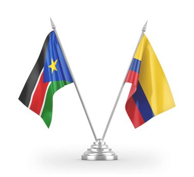 Colombia and South Sudan table flags isolated on white 3D rendering