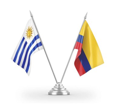 Colombia and Uruguay table flags isolated on white 3D rendering
