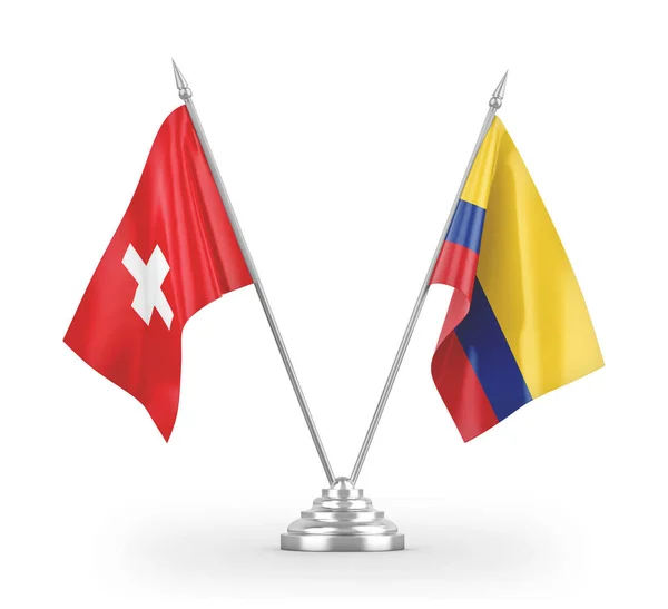 Colombia and Switzerland table flags isolated on white 3D rendering — 图库照片