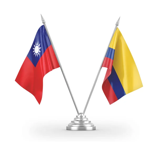 Bandeiras de mesa Colômbia e Taiwan isoladas em renderização 3D branca — Fotografia de Stock