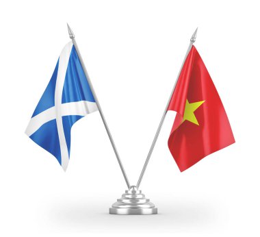 Vietnam and Scotland table flags isolated on white 3D rendering