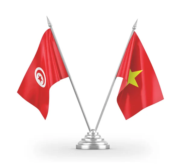 Vietnam and Tunisia table flags isolated on white 3D rendering — Stok fotoğraf