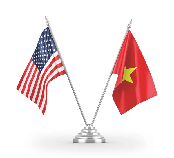 Bandeiras de mesa do Vietnã e Estados Unidos isoladas em renderização 3D branca — Fotografia de Stock
