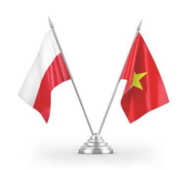 Vietnam and Poland table flags isolated on white 3D rendering
