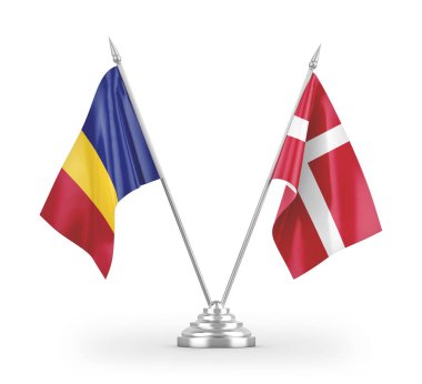 Danimarka ve Romanya bayrakları beyaz arkaplandaki 3D görüntüleme üzerinde izole edilmiş 